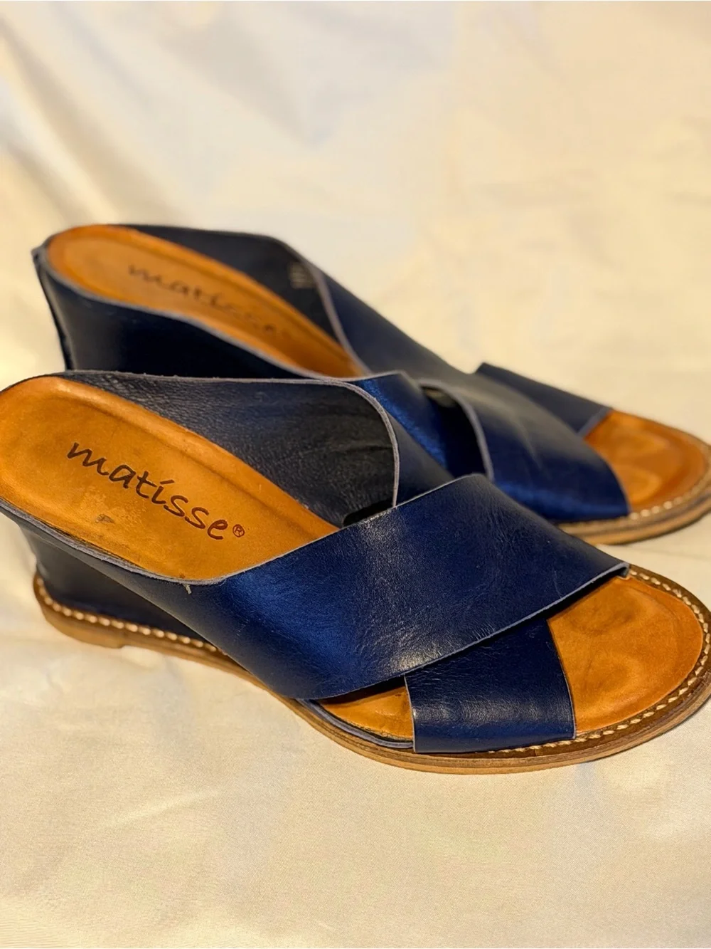 Matisse Navy Blue Genuine Leather Cross Strap Wedge Slide Sandals 7.5 Brazil
